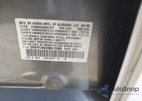 2009 Honda Pilot Ex-L из США, поврежденный, VIN 5FNYF38639B012685